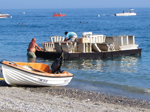Operarios de la empresa pirotécnica ultimas los preparativos del espectáculo musico-pirotécnico que tendrá lugar a partir de las 23:30 horas en la playa Puerta del Mar de Almuñécar