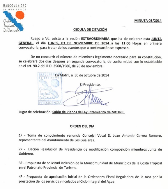 Orden del Día de la Junta General de Mancomunidad del 03.11.2014