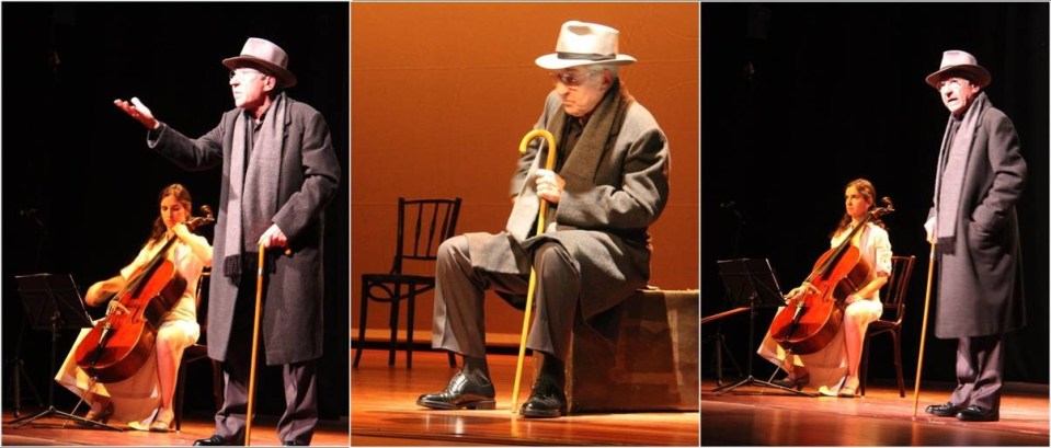 José Sacristán en tres momentos de su actuación en la obra "Caminando con Machado" puesta en escena en la Casa de la Cultura de Almuñécar