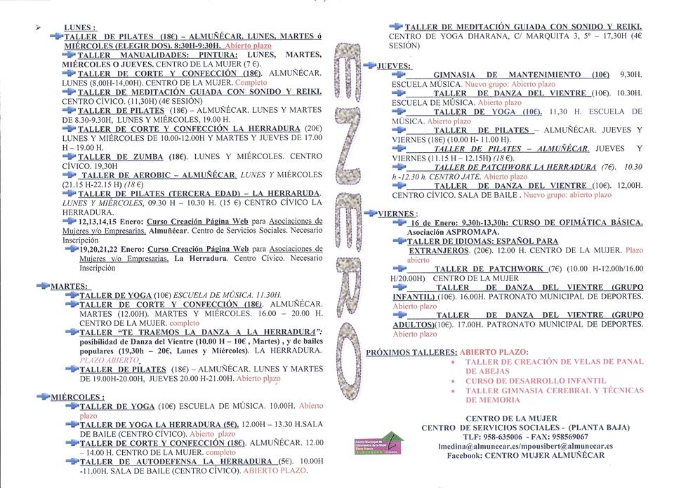 ACTIVIDADES Y TALLERES CENTRO DE LA MUJER ALMUÑECAR ENERO 2015