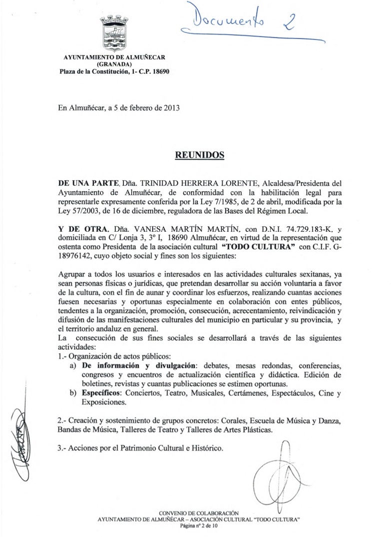 Documento  nº 2. Convenio entre el ayuntamiento de Almuñécar y “Todo Cultura”, firmado por Vanesa Martín Martín y Trinidad Herrera Lorente.