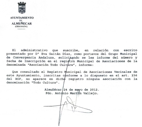 Documento nº 4. Informe de la secretaría municipal del ayuntamiento de Almuñécar, donde consta la no inscripción de “Todo Cultura” en el Registro Municipal de Asociaciones.