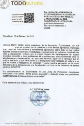 Escrito presentado por "Todo Cultura" en el Registro del Ayuntamiento de Almuñécar