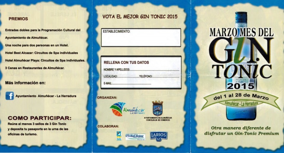 Credencial para participar en el sorteo de premios y regalos en el "Mes del GinTonic" patrocinado por el Ayuntamiento de Almuñécar