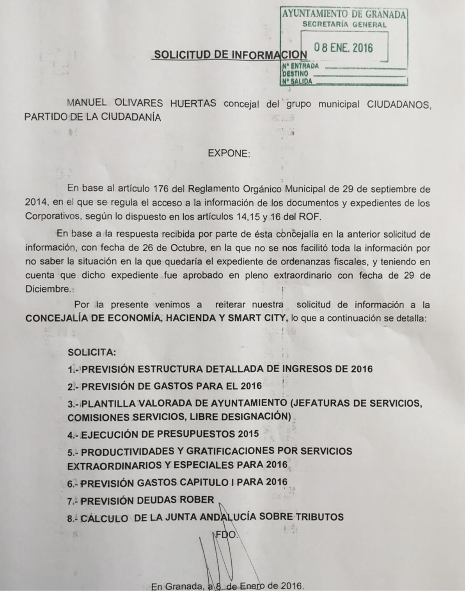 Solicitud de información de Ciudadanos al Ayto. de Granada