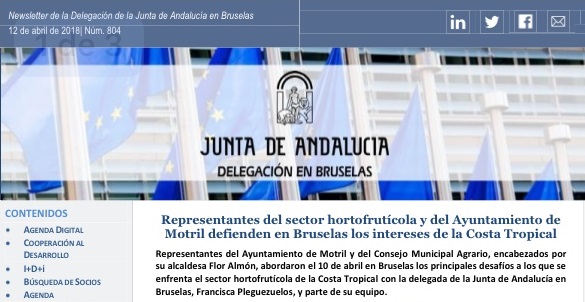 El principal canal de comunicación de la Junta en Bruselas se hace eco de la visita del sector agrícola motrileño