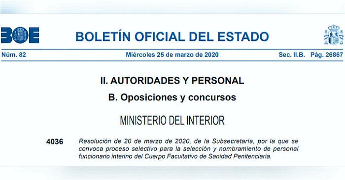 Instituciones Penitenciarias oferta 40 plazas para facultativos sanitarios