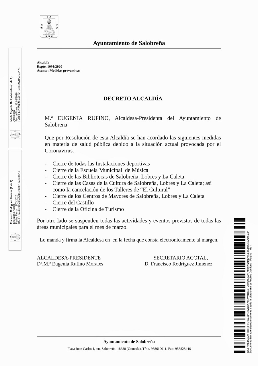 Salobreña cierra instalaciones municipales y suspende actividades y eventos previstos para marzo