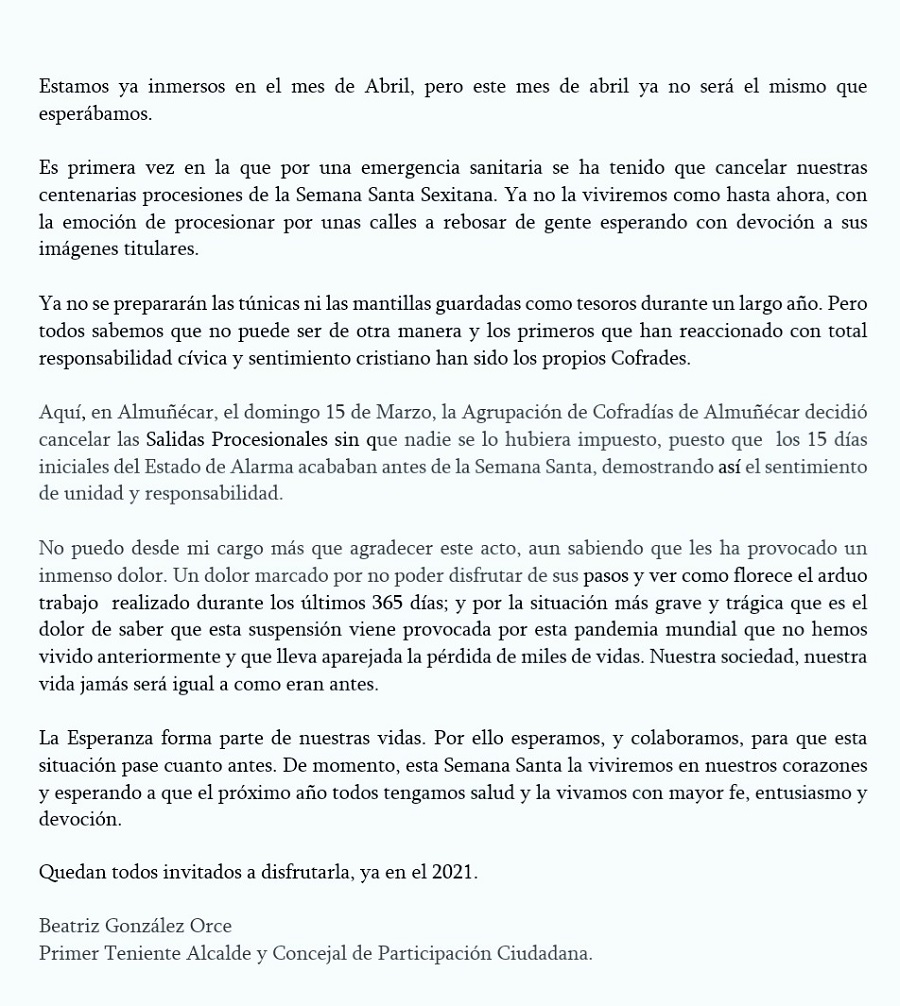 Carta Semana Santa Beatriz González Orce