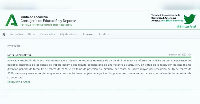 Reanudación inmediata de las convocatorias para suplir bajas y vacantes docentes en Andalucía