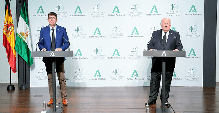 Juan Marín y Jesús Aguirre durante la comparecencia tras la reunión del gabinete de crisis